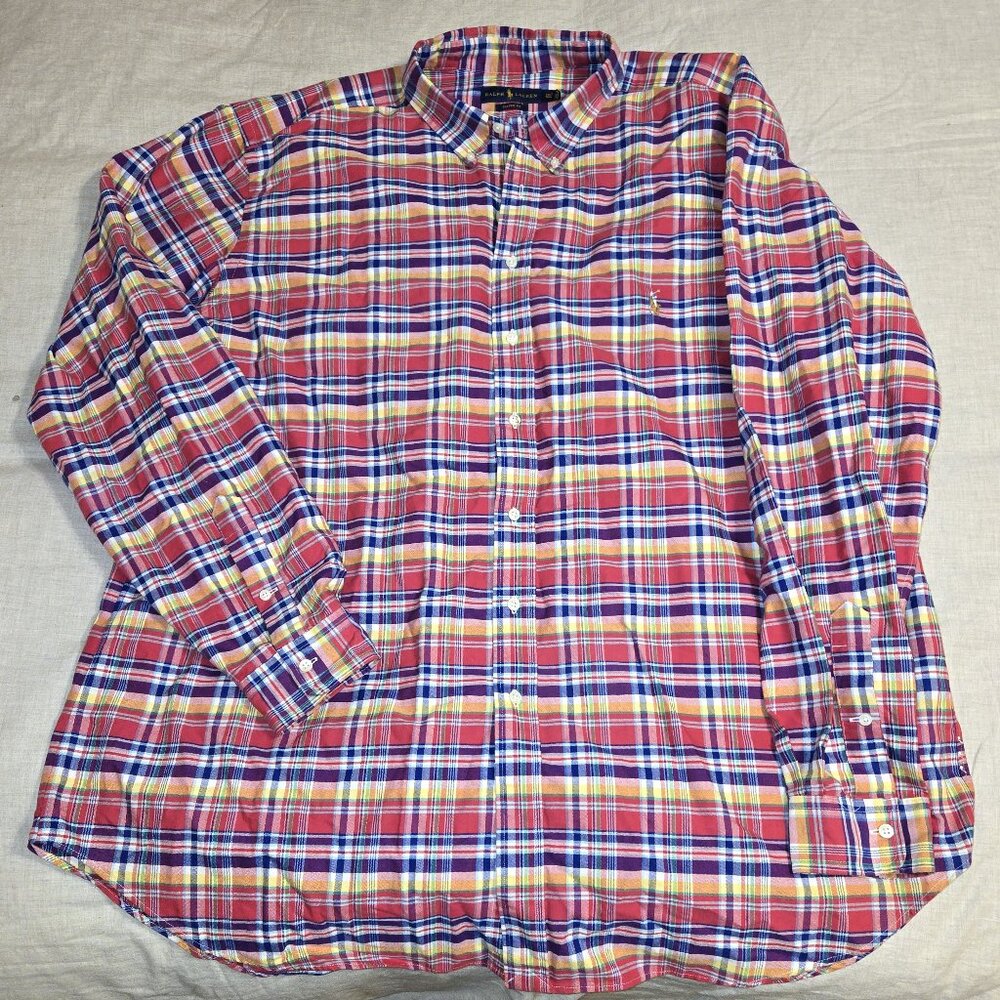 Ralph Lauren 80's style 2XLT madras plaid shirt long slv red blue yellow